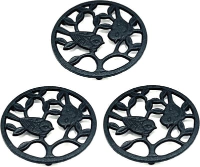 Set van 3 Gietijzeren Onderzetters met Vogel Design - Hittebestendige Panonderzetters met Rubberen Voetjes