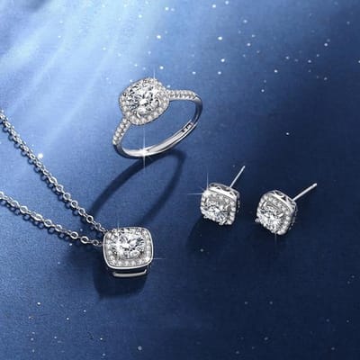 Dames Moissaniet Sieradenset 925 Sterling Zilver Ketting Oorbellen Ring 1ct Ronde Slijpvorm Halo Dames Sieraden Voor Bruiloftsfeest gray