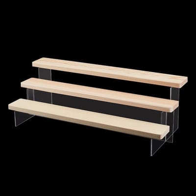3-laagse heldere acryl display standaard voor cupcakes, parfums en sieraden met houten riser in bamboekleur