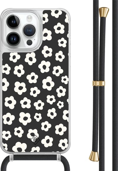 Casimoda® hoesje met zwart koord - Geschikt voor iPhone 14 Pro Max - Retro Bloempjes - Afneembaar koord - TPU/polycarbonaat - Zwart