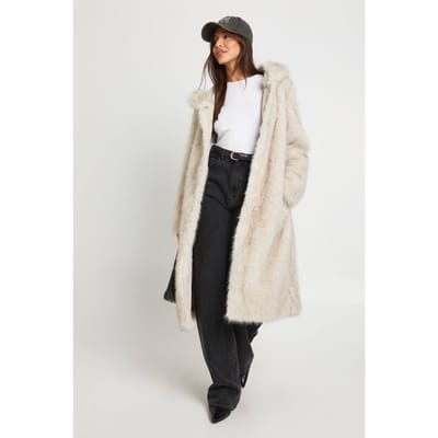 boohoo Dames Maxi bontjas met capuchon en ceintuur | Off White | Maat: 12