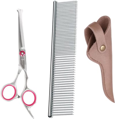 Professor Q – Uitdunschaar / Contourschaar – Professionele Hondenschaar – Roze – Voor Vachtverzorging & Trimmen met Luxe Lederen Etui – 16,5 cm – Brons + Anti-Klit Kam – Pijnloos & Huisdiervriendelijk