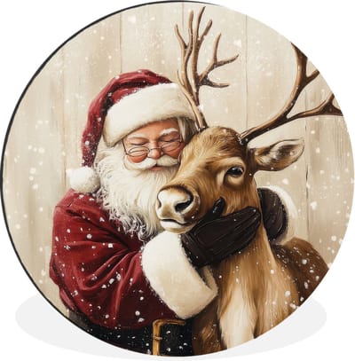 WallCircle - Wandcirkel - Muurcirkel - Kerstman - Rendier - Sneeuw - Kleurrijk - Aluminium - Dibond - 30x30 cm - Binnen en Buiten