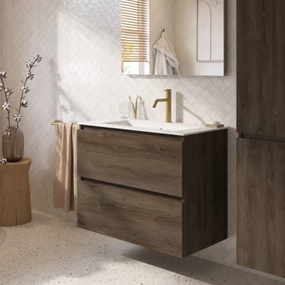 Saqu Terra badmeubel incl. glans witte keramische wastafel 80x46x66cm sepia eiken