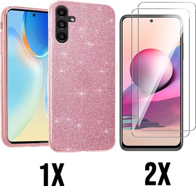 Casemania Hoesje Geschikt voor Samsung Galaxy A14 - Roze + 2X Glazen Screenprotector - Glitter Back Cover