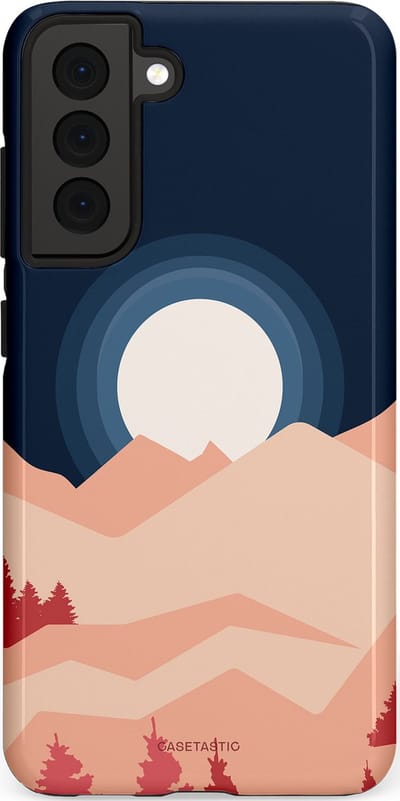 Casetastic hoesje geschikt voor Samsung Galaxy S21 FE 5G - Dubbellaagse bescherming - Bergen bij maanlicht - Fashion Case - Zwart Perzik Zand Koraal