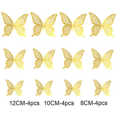 Lot de 12 autocollants muraux 3D en forme de papillon creux, dorés, roses, argentés, pour décoration de mariage, d'anniversaire, de maison ou de chambre