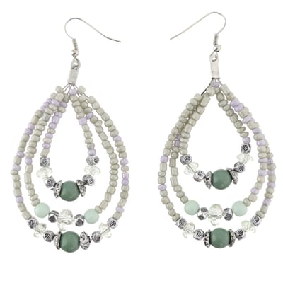 Behave - Oorbellen - Oorhangers Druppelvorm – 8,5 cm lang – Groen Grijze Pastel Paars Kralen