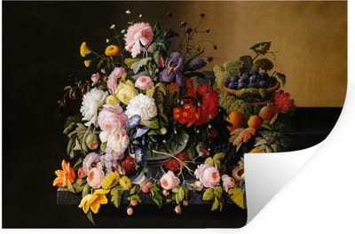 Muurstickers - Sticker Folie - Stilleven met bloemen en fruit - Kunstwerk - Oude meesters - 30x20 cm - Plakfolie - Muurstickers Kinderkamer - Zelfklevend Behang - Zelfklevend behangpapier - Stickerfolie