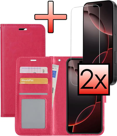 Hoesje - Met 2x Screenprotector - Geschikt voor Apple iPhone 16 Pro - Luxe Pasjeshouder - Bookcase Portemonee - Flip Case - Kunstleer Book Case - Flipcase Hoes - Book Cover - Walletcase - Portemonneehoes - Donkerroze
