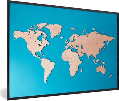 Poster in lijst - Fotolijst 90x60 cm - Posters - Wereldkaart - Houtkleur - Blauw - Posterlijst zwart - Decoratie - Wanddecoratie woonkamer - Muurdecoratie slaapkamer