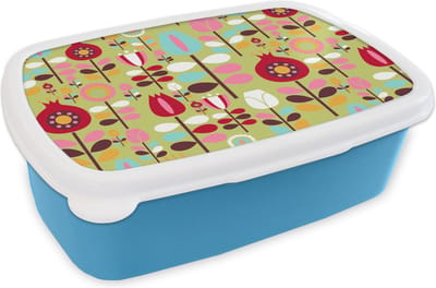 Broodtrommel Blauw - Lunchbox Patronen - Bloemen - Kleuren - Brooddoos 18x12x6 cm - Brood lunch box - Broodtrommels voor kinderen en volwassenen