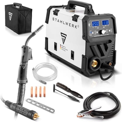 STAHLWERK MIG MAG 200 Puls Pro IGBT inert gas lasapparaat Volledig synergetisch 5 in 1 combinatie apparaat met echt 200 ampère en 4 rollen aandrijf/gevulde draad, MIG MAG, ARC MMA, Lift TIG, MIG pulse voor aluminium lassen