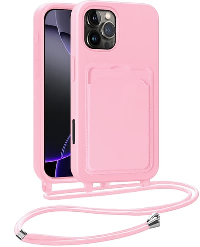 Hoesje Geschikt voor iPhone 16 Pro Hoesje Met Telefoonkoord en Pasjeshouder Siliconen - Hoes Geschikt voor iPhone 16 Pro Hoesje Met Kaarthouder Case - Lichtroze