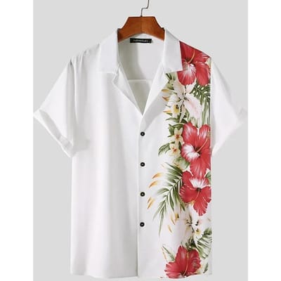 Été Nouveau Chemise à Imprimé Floral Chemise Décontractée Hawaïenne à Revers à Manches Courtes Boutonnée pour Homme Chemise à Manches Courtes pour Homme Rétro M white