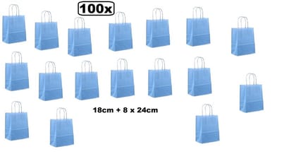 100x Papieren koordtas licht blauw 18x8x22cm - Luxe koord tas geschenk verpakking goodie bag feest dagen kerst