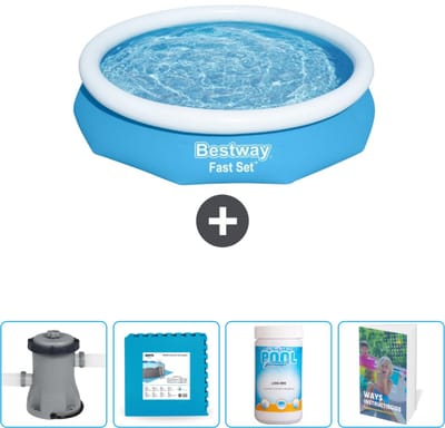 Bestway Rond Opblaasbaar Fast Set Zwembad - 305 x 66 cm - Blauw - Inclusief Pomp Vloertegels - Chloor - Zwembadgids