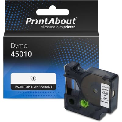 PrintAbout huismerk Tape 45010 (S0720500) Zwart op transparant (12 mm) Geschikt voor Dymo