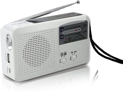 Noodradio - Radio op zonne-energie - Noodradio met handslinger - Werkt op batterijen - Oplaadbaar via USB - FM/AM-radio - Geschikt voor kamperen - Noodsituaties - LED-zaklamp en telefoonoplader (wit)