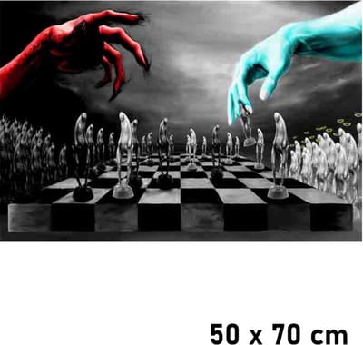 Allernieuwste.nl® Canvas Schilderij * Goed & Slecht Zombie Schaakspel * - Kunst aan je Muur - Surrealistisch Modern - Kleur - 50 x 70 cm