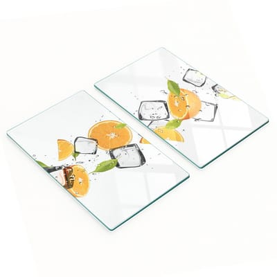 Set van twee glazen snijplanken voor in de keuken, sinaasappels met ijs, 2x30x52 cm