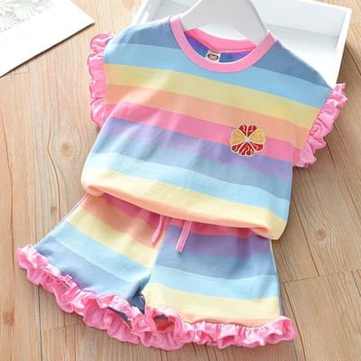Tweedelig pak Kinderkleding Zomer Regenboog Casual Pak Meisjes Schimmel T-shirt Shorts 100 roze
