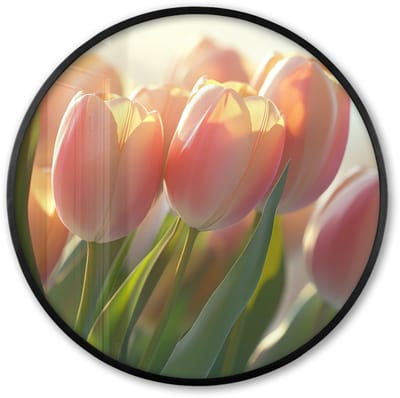 Poster in lijst Rond - Fotolijst 60x60 cm - Posters - Tulpen - Roze - Zonnestralen - Ronde posterlijst zwart - Decoratie - Wanddecoratie woonkamer - Muurdecoratie slaapkamer