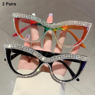 met Strass Steentjes Dames Stijlvol Ontwerp Optische Monturen Trendy Chic Casual Decor Brillen 2 Paren Per Set Kattenoogvormige Brillen