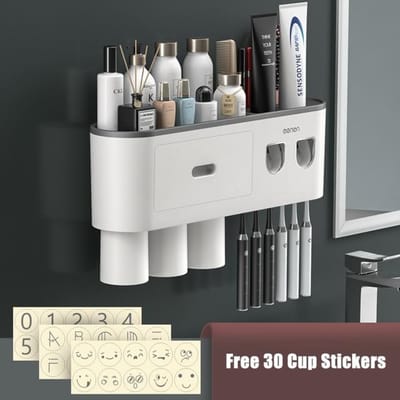 Magnetische adsorptie omgekeerde tandenborstelhouder Dubbele automatische tandpastaknijper Dispenser Opbergrek Badkameraccessoires