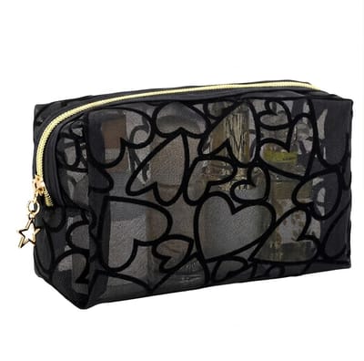Zwarte transparante toilet tas dames hartjes patroon make up tas toilettas met ritssluiting draagbare mesh opberg tas voor cosmetica en reis accessoires