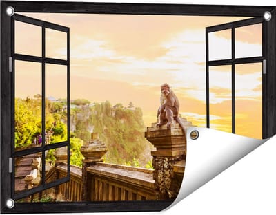 Gards Tuinposter Doorkijk Aap op de Uluwatu Tempel in Bali - 60x40 cm - Tuindoek - Tuindecoratie - Wanddecoratie buiten - Tuinschilderij