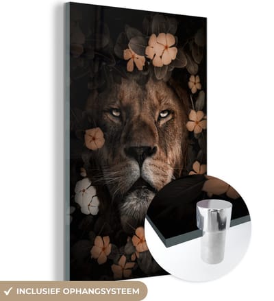 MuchoWow® Glasschilderij 40x60 cm - Schilderij acrylglas - Jungle - Leeuw - Bloemen - Foto op glas - Schilderijen
