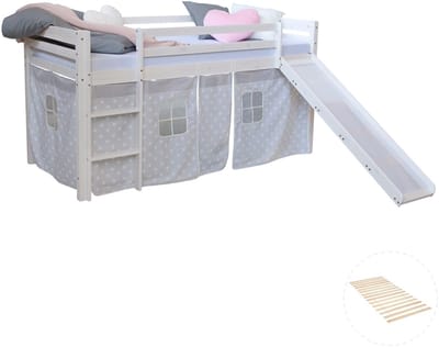 Homestyle4u Hoogslaper - 90x200 cm - met lattenbodem - glijbaan - met grijs gordijn en sterrenmotief - wit