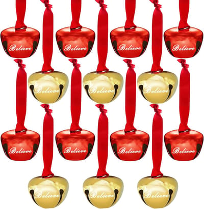 Geloof klokken ornament, 64 stuks, 4,6 cm, slee, kerstboom, kerstlinten, Polar Express voor doe-het-zelf vakantie, ambacht, huis, bruiloftsdecoraties (rood + goud)