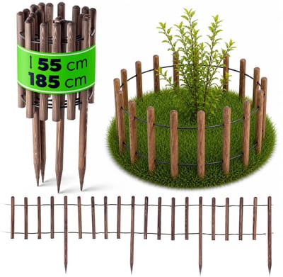 KADAX Beetomranding, weerbestendig houten hek, bloembedomranding van houten stokken met staaldraadverbinding, gazonrand, rolboord voor tuin, bloemperken of park (55 x 185 cm)