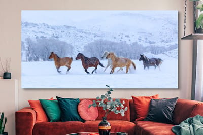 Grote wanddecoratie - Kudde paarden in de sneeuw Canvas - 200x100 cm - XXL decoratie
