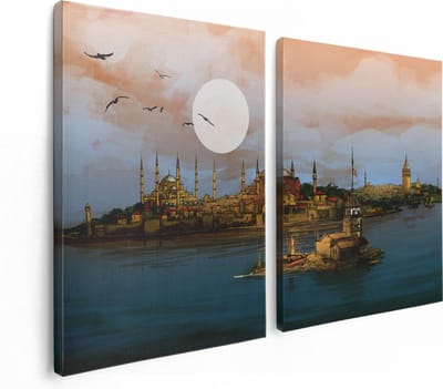 Artaza Canvas Schilderij Tweeluik Illustratie Van De Maiden's Tower In Istanbul - 120x80 - Foto Op Canvas - Canvas Print