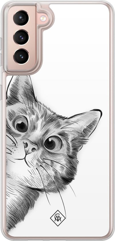 Casimoda® hoesje - Geschikt voor Samsung Galaxy S21 Plus - Kat Kiekeboe - 2-in-1 case - Schokbestendig - Illustratie - Verhoogde randen - Wit, Transparant