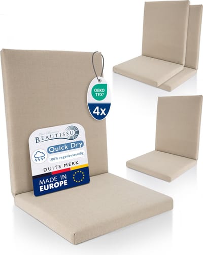 Beautissu QD-NL – Set van 4 Premium Tuinstoelkussens Lage Rug 105x48 cm – 100% Waterdicht – Weerbestendig – Sneldrogend – UV-bestendig – Natuur