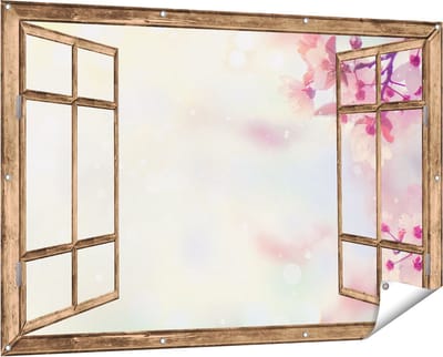 Gards Tuinposter Doorkijk Roze Bloesemboom met Zonneschijn - 150x100 cm - Tuindoek - Tuindecoratie - Wanddecoratie buiten - Tuinschilderij