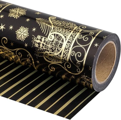 Omkeerbaar Kerstinpakpapier - Mini-rol - 432 cm x 10 m - Zwart en Goud Kerstslee en Streepontwerp met Metallic Folie Glans voor Chrsitmas Vakantie Feestviering
