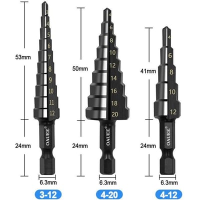 3-delige HSS rechte groef trapboor set 3-12mm 4-12mm 4-20mm Nitride zwarte zeskant boor voor hout en metaal.