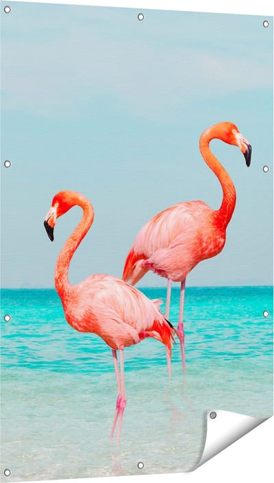 Gards Tuinposter Twee Flamingo's in het Water - 80x120 cm - Tuindoek - Tuindecoratie - Wanddecoratie buiten - Tuinschilderij