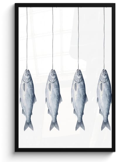 Poster in lijst - Fotolijst 60x90 cm - Posters - Vissen - Illustratie - Delfts - Blauw - Posterlijst zwart - Decoratie - Wanddecoratie woonkamer - Muurdecoratie slaapkamer