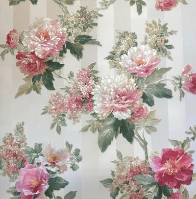 Vlies behang Engelse bloemen boeketten rozen strepen 30446-3