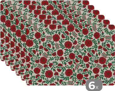 Placemat - Placemats kunststof - Bloem - Planten - Boho - Design. - 45x30 cm - 6 stuks - Hittebestendig - Anti-Slip - Onderlegger - Afneembaar