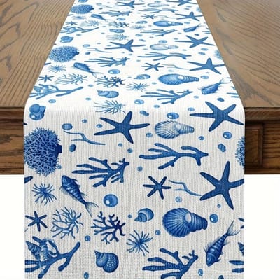 Chemin de table en lin bleu océan Décorations de maison Été Océan Sous-marin Étoiles de mer Coquillages Corail Chemin de table pour salle à manger Décoration de fête 150x33cm