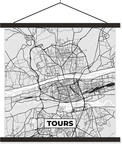 Posterhanger incl. Poster 60x60 cm - Schoolplaat - Plattegrond - Kaart - Stadskaart - Frankrijk - Tours - Textielposter - Zwarte latten - Stadskaart