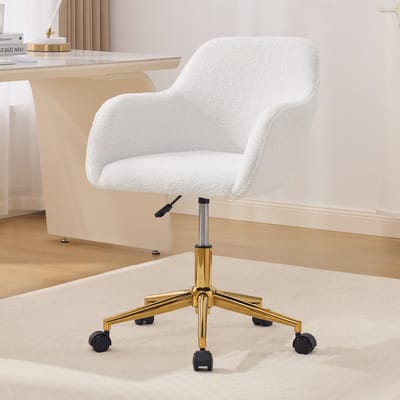 Intebiki bureaustoel - gaming stoel - ergonomische bureaustoel - bureaustoelen voor volwassenen - Teddy fleece stof - In hoogte verstelbaar - 360° draaibaar - Gouden poten - Geschikt voor kantoor en thuiswerkplek - wit