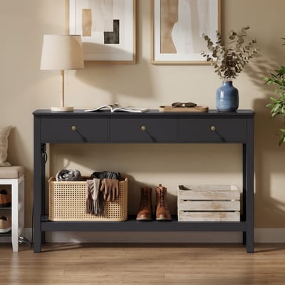 Bealife FS33 Console tafel – Met 3 laden, 2 stopcontacten, USB & Type-C – Waterbestendig – 130×30×80 cm – Zwart houtnerf